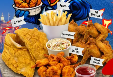 Hook's Big Box with fish, wings, shrimp, fries and coleslaw