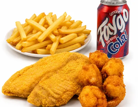 Fried tilapia and shrimp with fries and a can of pop