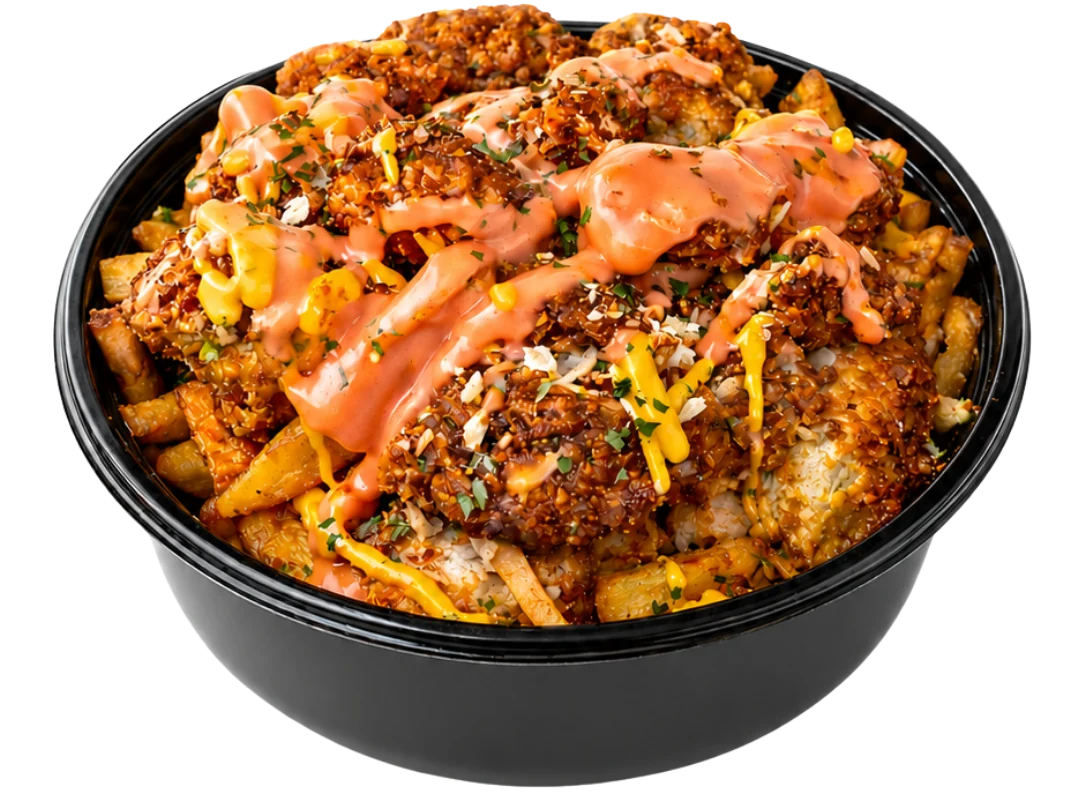 Loaded Fries with Chicken in a black bowl topped with liquid cheese and Hook's sauce